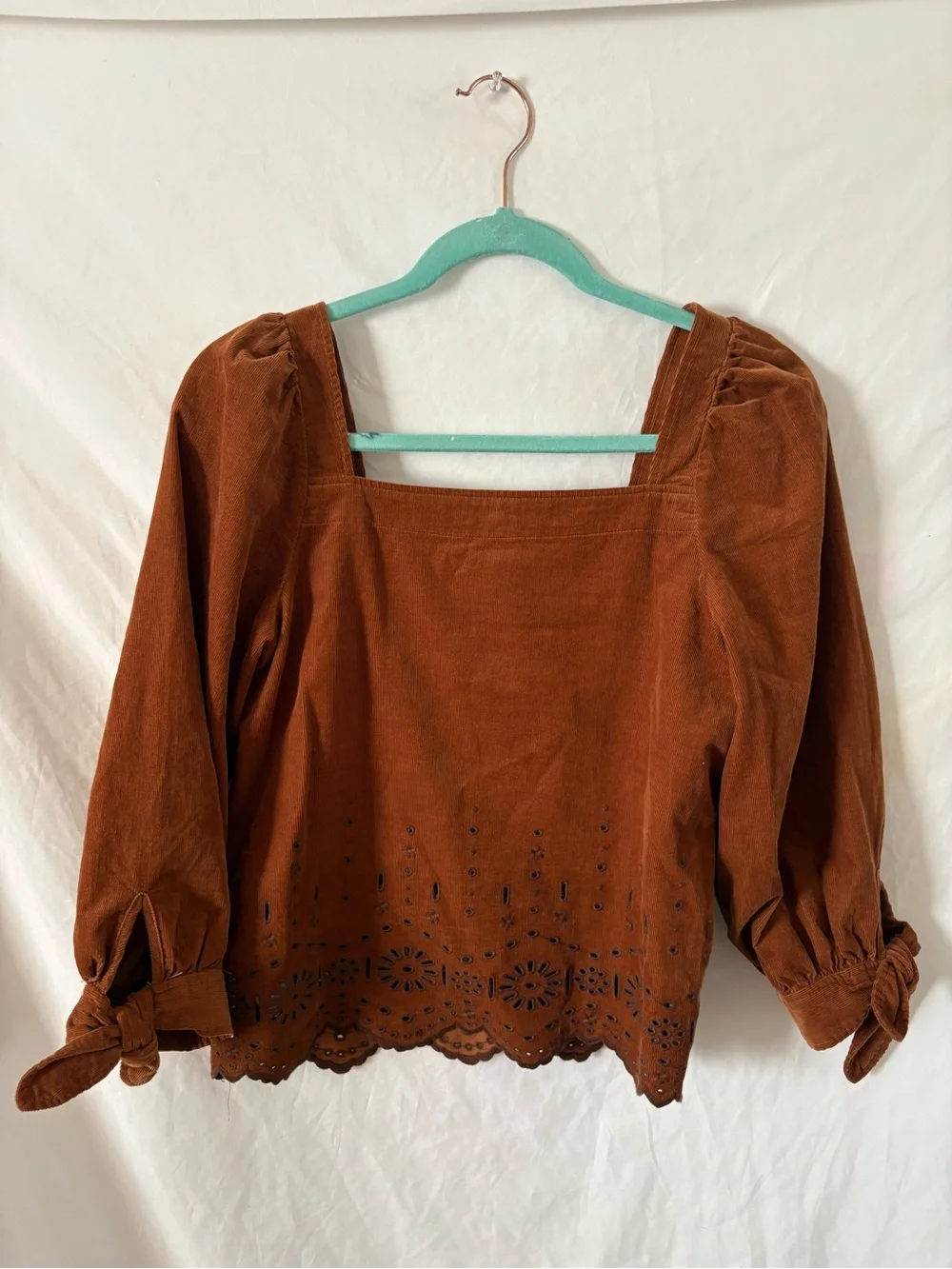 Madewell brown corduroy eyelet long sleeve straight neck top blouse XS
